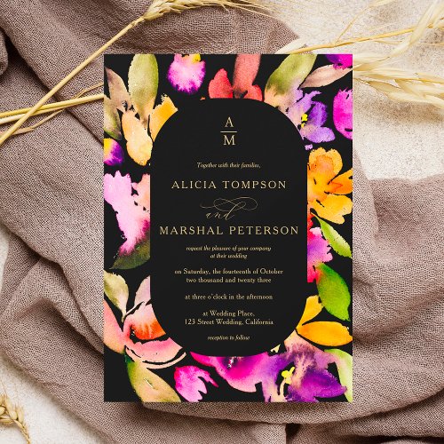 Bold fall oversize floral watercolor photo wedding invitation