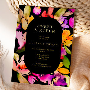 Bold fall oversize floral watercolor Sweet 16 Foil Invitation