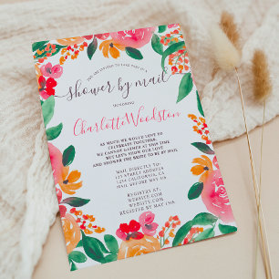 Bold fall pink orange floral bridal shower by mail invitation