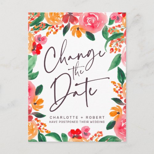 Bold fall red  pink floral wedding change the date announcement postcard