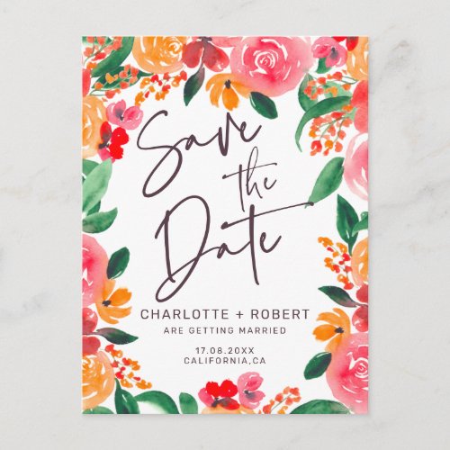 Bold fall red  pink floral wedding save the date announcement postcard