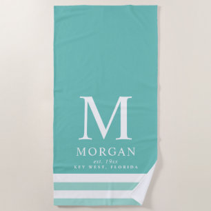 Bold Family Monogram Teal White Beach Towel