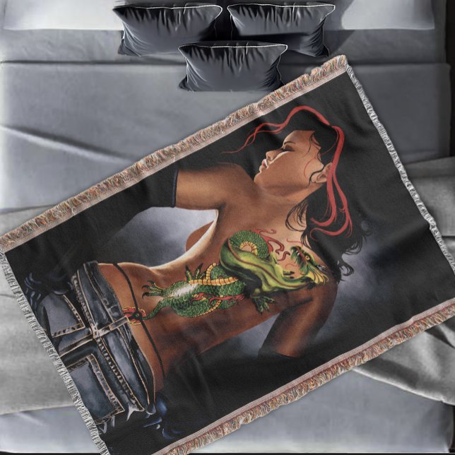 Bold  Fantasy Dragon Tattoo Woman Throw Blanket (Creator Uploaded)