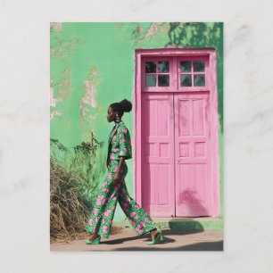 Bold Fashion in a Vibrant Urban Landscape Postcard