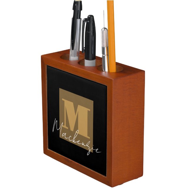 Bold Fat Letter Fancy Script Monogram Desk Organizer (In Situ)