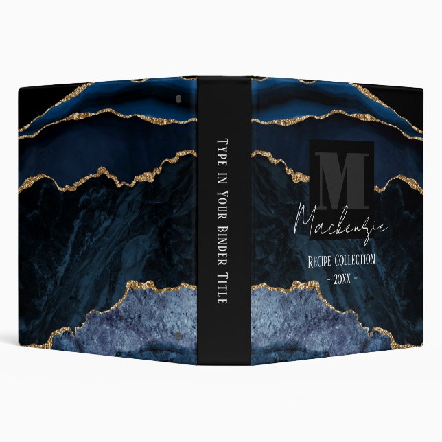 Bold Fat Letter Script Monogram Blue Agate Binder (Background)