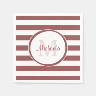 Bold Fat Terracotta Red Stripes Name and Monogram Napkins