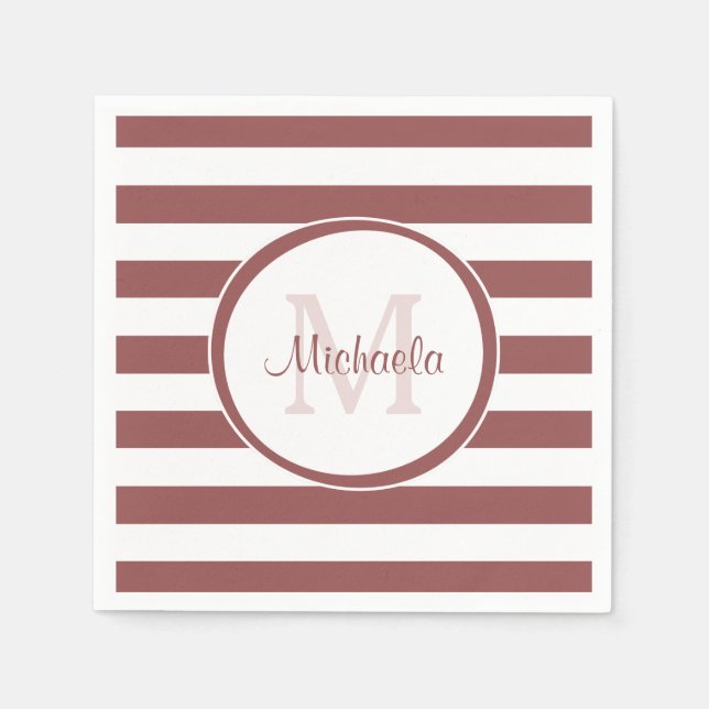 Bold Fat Terracotta Red Stripes Name and Monogram Napkins (Front)