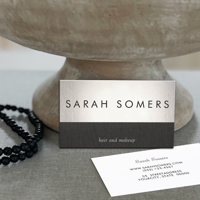 Bold Faux Silver Foil Chic Black Linen Striped Business Card (Creator Uploaded)