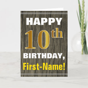 Bold, Faux Wood, Faux Gold 10th Birthday + Name Card