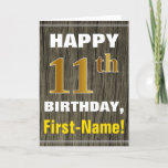 [ Thumbnail: Bold, Faux Wood, Faux Gold 11th Birthday + Name Card ]