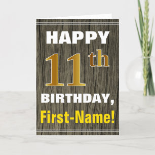 Bold, Faux Wood, Faux Gold 11th Birthday + Name Card