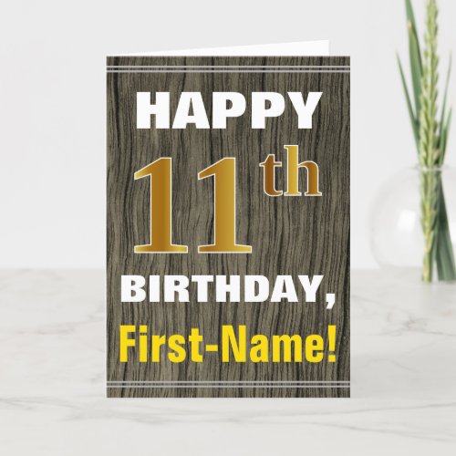 Bold Faux Wood Faux Gold 11th Birthday  Name Card