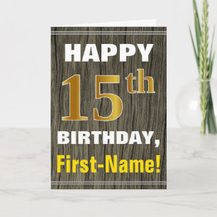 Bold, Faux Wood, Faux Gold 15th Birthday + Name Card