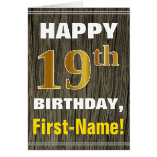 Bold, Faux Wood, Faux Gold 19th Birthday + Name Cards