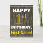 [ Thumbnail: Bold, Faux Wood, Faux Gold 1st Birthday + Name Card ]