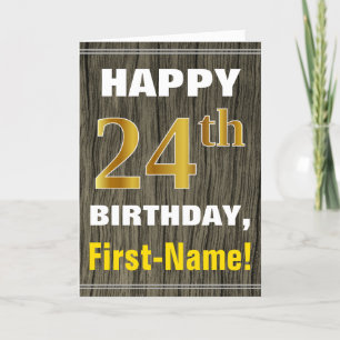 Bold, Faux Wood, Faux Gold 24th Birthday + Name Card