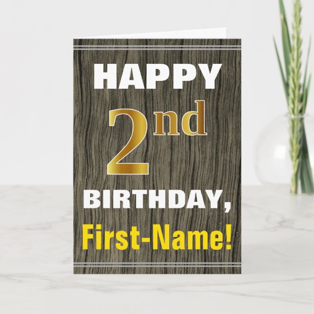 Bold, Faux Wood, Faux Gold 2nd Birthday + Name Card (Front)