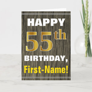 Bold, Faux Wood, Faux Gold 55th Birthday + Name Card