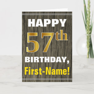 Bold, Faux Wood, Faux Gold 57th Birthday + Name Card