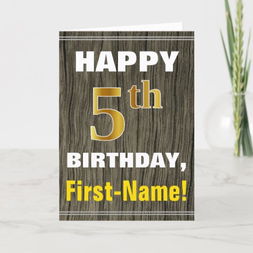 Bold Faux Wood Faux Gold 5th Birthday  Name Card