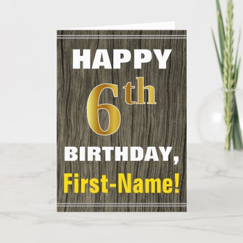 Bold Faux Wood Faux Gold 6th Birthday  Name Card