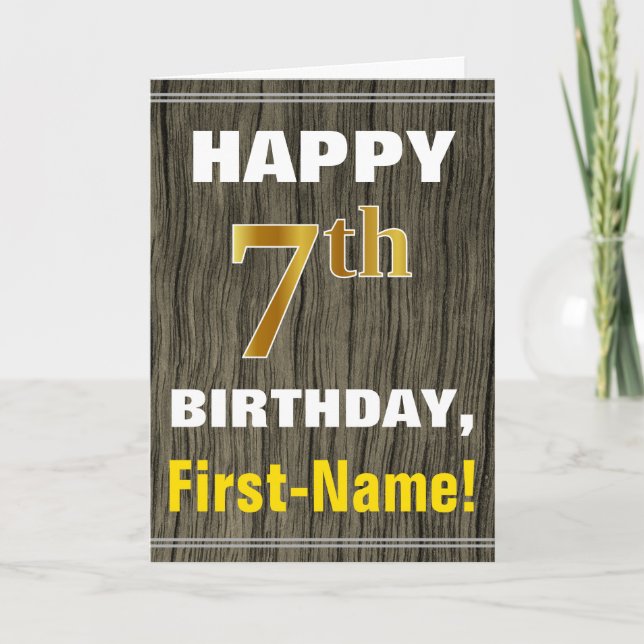 Bold, Faux Wood, Faux Gold 7th Birthday + Name Card (Front)