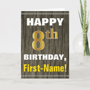 Bold, Faux Wood, Faux Gold 8th Birthday + Name Card