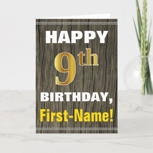 Bold Faux Wood Faux Gold 9th Birthday  Name Card