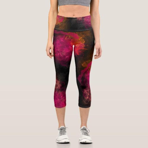 Bold Fiery Pink Coral Neon Alcohol Ink Capri Leggings