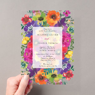 Bold Fiesta  Colorful Flowers Summer Wedding Acrylic Invitations