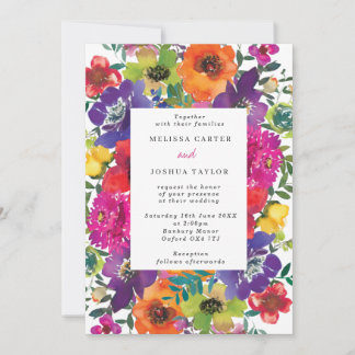 Bold Fiesta Colorful Flowers Summer Wedding Invitation