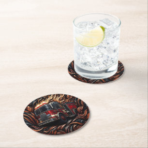 Bold Fire Truck on Round Paper Coaster