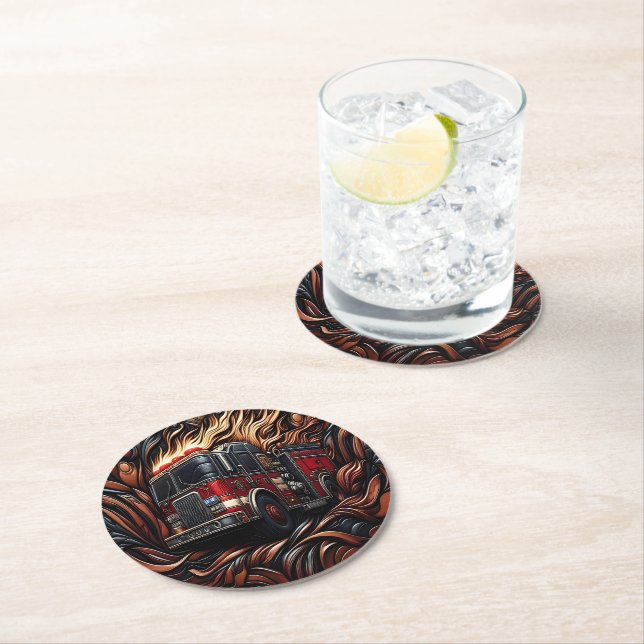 Bold Fire Truck on Round Paper Coaster (Insitu)