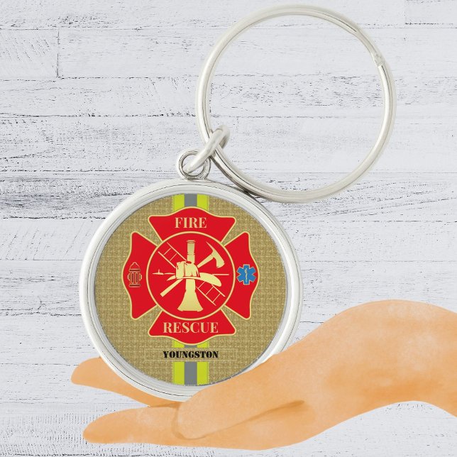 Bold Firefighter Maltese Cross Art Keychain (Firefighter Fire Rescue Bunker Gear Maltese Cross Keychain)