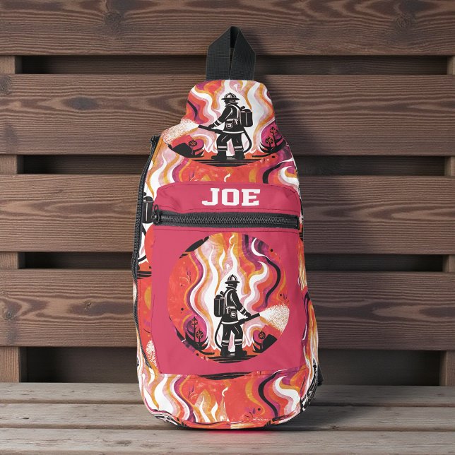Bold Firefighter Silhouette Flame Pattern Sling Bag (Creator Uploaded)