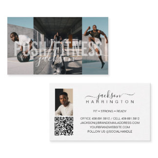 Bold Fitness Trainer Photo Collage Script Name QR Business Card