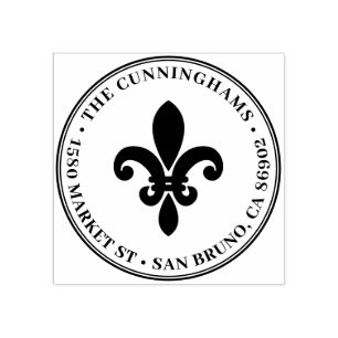 Bold Fleur De Lis Round Family Name Return Address Rubber Stamp