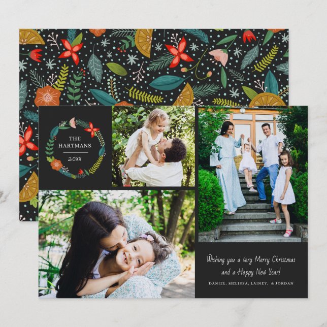 Bold Floral and Pine Wreath 3 Photo Collage Holiday Card (Front/Back)