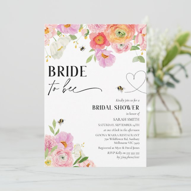 Bold Floral Bee Bride To Bee Bridal Shower  Invitation (Standing Front)