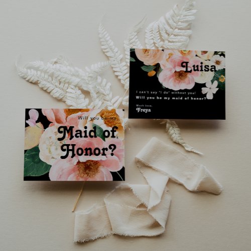 Bold Floral  Black Maid of Honor Proposal Card