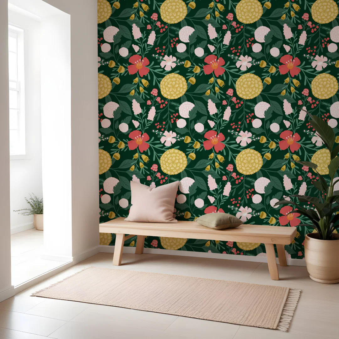 Bold Floral Blossoms Botanical Garden Pattern Wallpaper