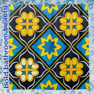 Bold Floral Blue Black Golden Yellow Tile Pattern Shower Curtain