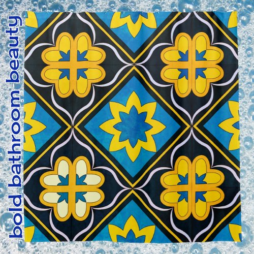 Bold Floral Blue Black Golden Yellow Tile Pattern Shower Curtain