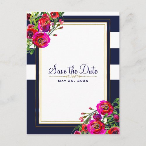 Bold Floral Blue  Gold Elegant Save the Date Announcement Postcard