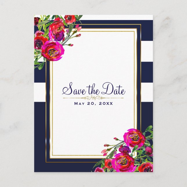 Bold Floral Blue & Gold Elegant Save the Date Announcement Postcard (Front)