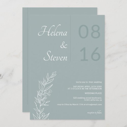 Bold floral boho names chic dusty blue wedding invitation