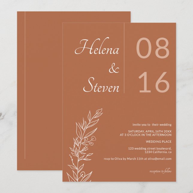 Bold floral boho names chic terracotta wedding invitation (Front/Back)