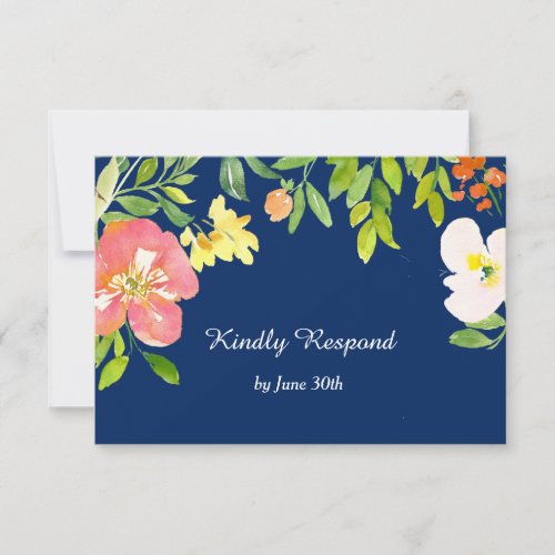 Bold Floral Border Navy Blue Wedding RSVP