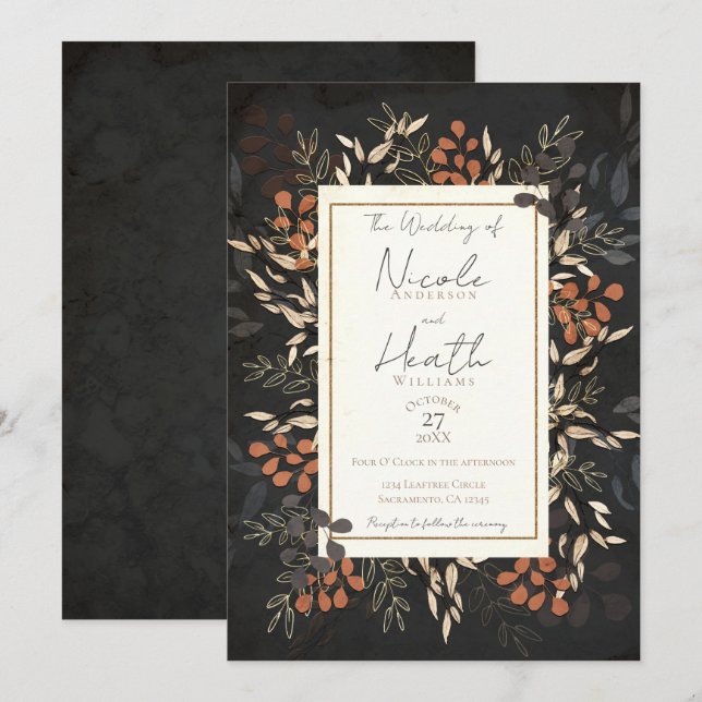 Bold Floral Botanical Leaves Grey Gold Wedding Invitation (Front/Back)
